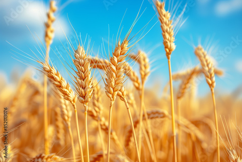 Ears of golden wheat against the blue sky. Rural scene under sunlight. Summer background of ripening ears