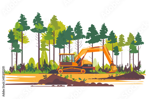 Deforestation and habitat loss. Landscape with logging and land clearance. Work clear cutting for stock of building materials. Vector flat illustration