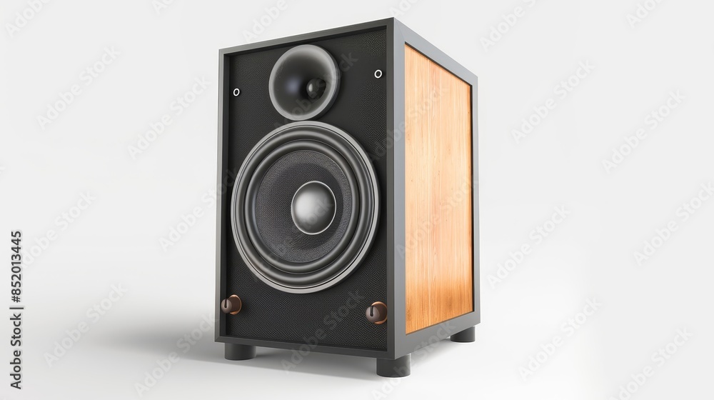 High fidelity speaker isolated on white background, realistic photo for quality sound enthusiasts High fidelity speaker isolated on white background, realistic photo for quality sound enthusiasts