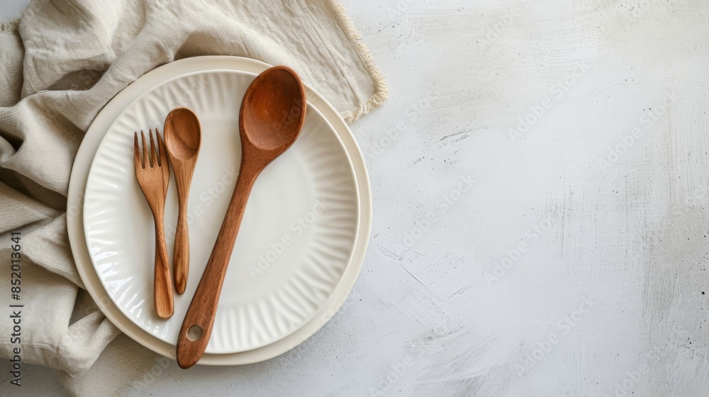 White plate, wooden spoon and fork on a water hyacinth napkin, displayed on a light gray concrete background White plate, wooden spoon and fork on a water hyacinth napkin, displayed on a light gray concrete background