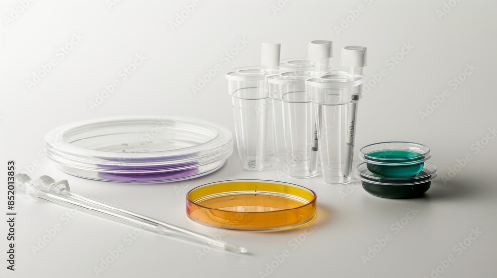A petri dish set with cups and a pipette is displayed on a white background A petri dish set with cups and a pipette is displayed on a white background