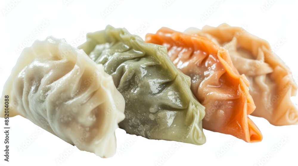 Gyoza Chinese dumplings, vegetable jiaozi, and chicken momo are isolated on a white background