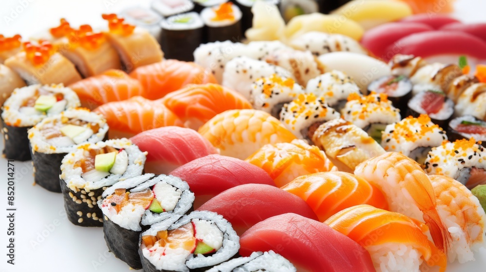 A colorful sushi set is displayed on a white background A colorful sushi set is displayed on a white background