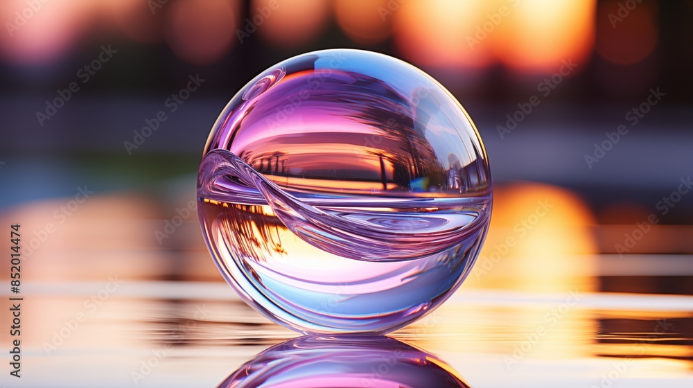 A vibrant and smooth glass sphere reflecting an abstract sunset scene with hues of purple, orange, and blue, creating an optical illusion effect.