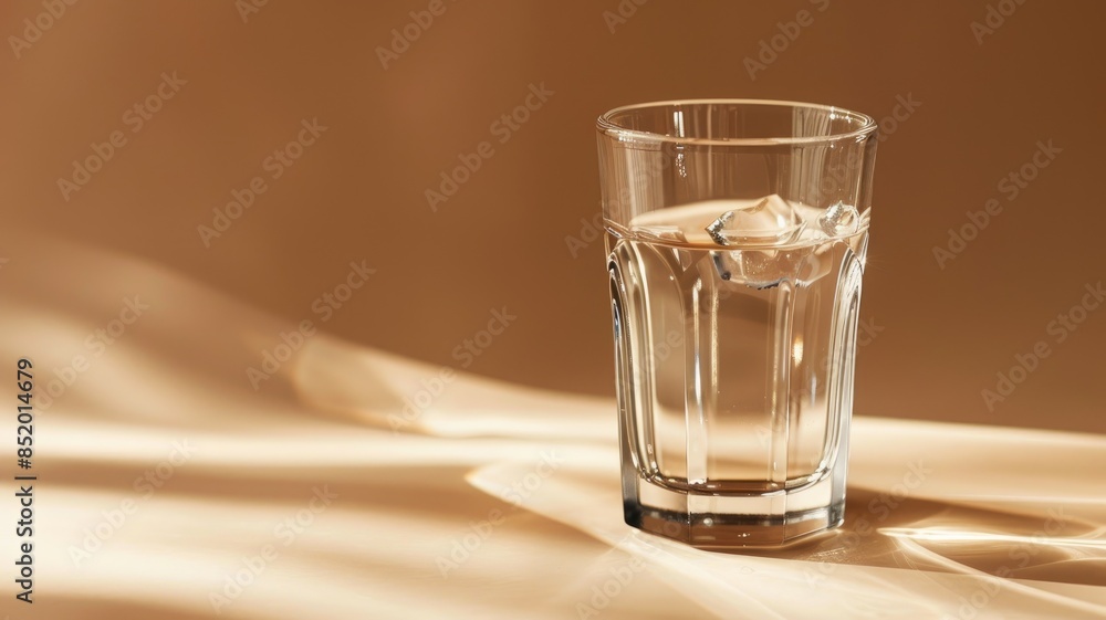 Glass of water with ice cubes on reflective surface surrounded by warm light Glass of water with ice cubes on reflective surface surrounded by warm light