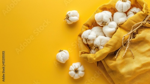 Cotton bolls spilling from yellow cloth bag against background photo