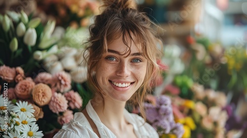 Happy Woman Standing in Front of Colorful Bouquet of Flowers © hisilly