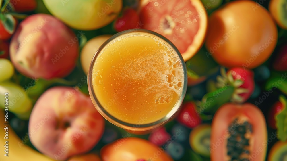 Capture the essence of fresh fruit juice and fruit in the background with a top angle view enhanced by a slight blur effect for a captivating close up shot Capture the essence of fresh fruit juice and fruit in the background with a top angle view enhanced by a slight blur effect for a captivating close up shot