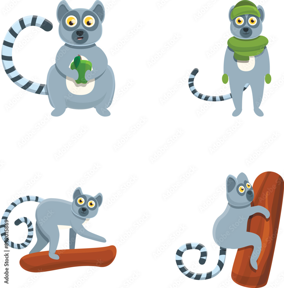 Obraz premium African lemur icons set cartoon vector. Animal of madagascar and africa. Cartoon character