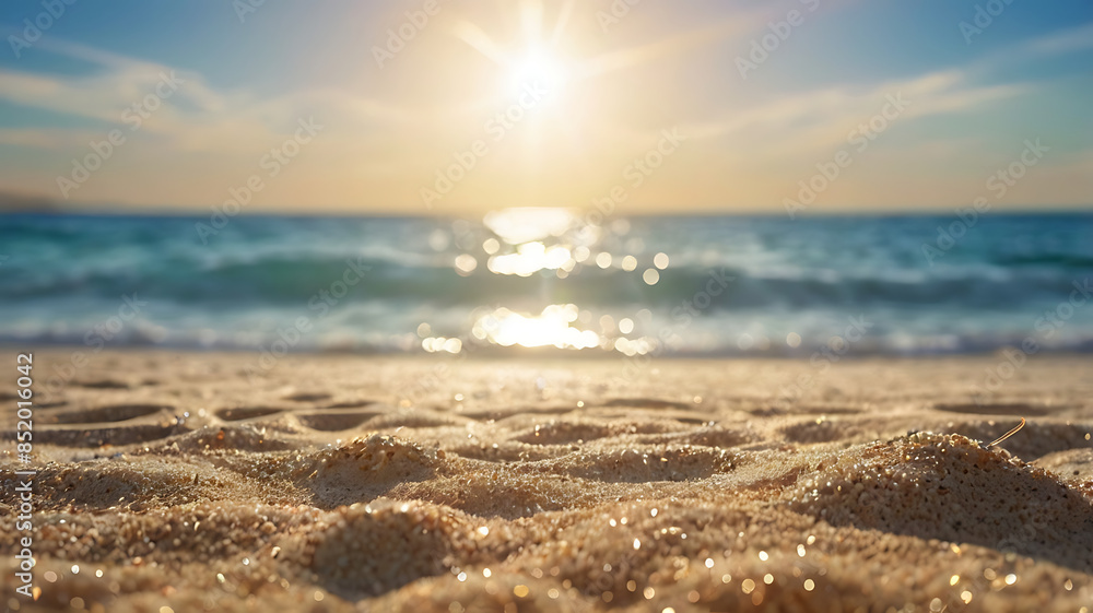 Natural blurred defocused background for concept summer vacation. Nature of tropical summer beach with rays of sunlight. Light sand beach, ocean water sparkles against blue sky. Natural blurred defocused background for concept summer vacation. Nature of tropical summer beach with rays of sunlight. Light sand beach, ocean water sparkles against blue sky.