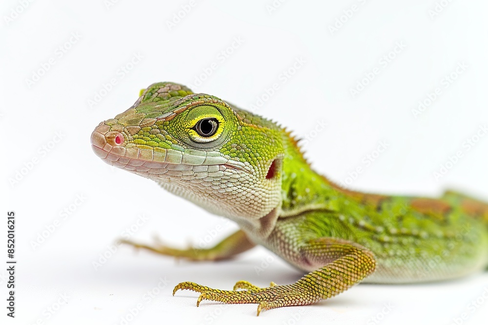 Fototapeta premium Bright Green Anole Lizard Isolated on Solid Background