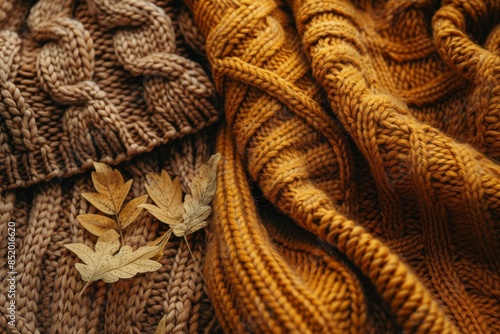 A Golden Autumn Embrace: Knitted Comfort and Falling Leaves