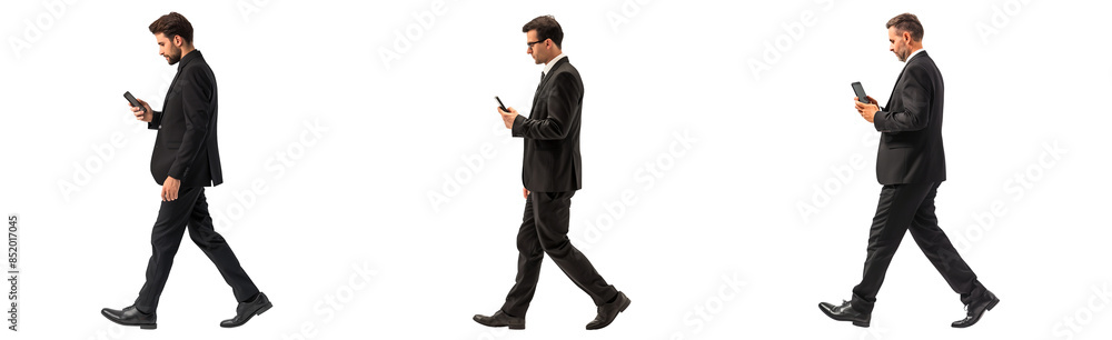 set of businessman walking wearing black suits holding his phone in his hand and looking at the screen while walking isolated on transparent background set of businessman walking wearing black suits holding his phone in his hand and looking at the screen while walking isolated on transparent background