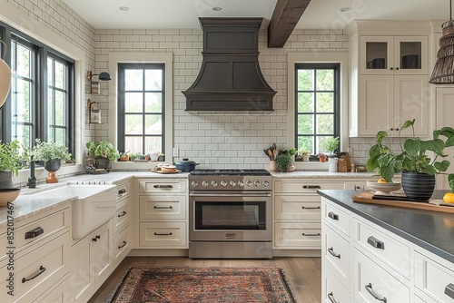 Elegant kitchen with white shaker cabinets, black range hood, and a cozy dining area. Highlights a perfect mix of modern and rustic styles.