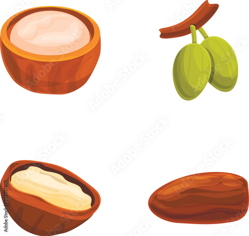 Shea butter icons set cartoon vector. Shea nut with liquid extract. Cosmetic ingredient