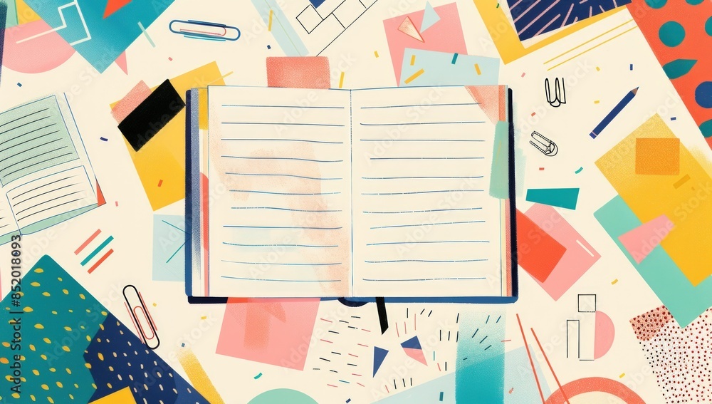 A book with a blank page sits on a colorful background.