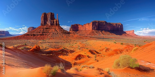 Majestic Panorama of Monument Valley Showcasing Stunning Red Rock Formations Under a Clear, Vibrant Blue Sky