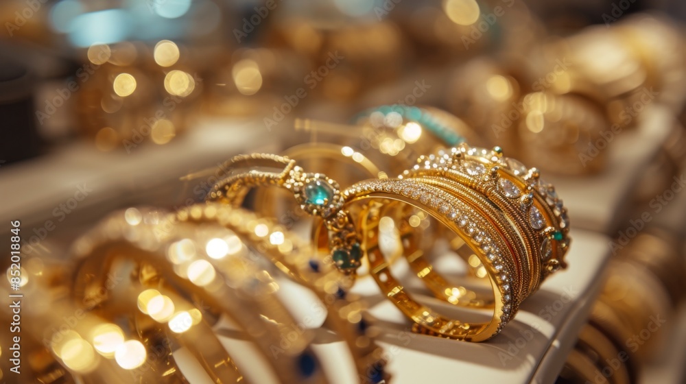 The store features women accessories and jewelry, with an emphasis on gold bracelets with stones The store features women accessories and jewelry, with an emphasis on gold bracelets with stones