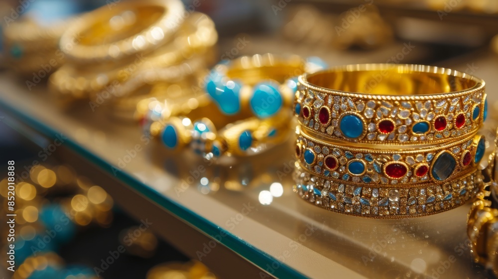 The store features women accessories and jewelry, with an emphasis on gold bracelets with stones The store features women accessories and jewelry, with an emphasis on gold bracelets with stones