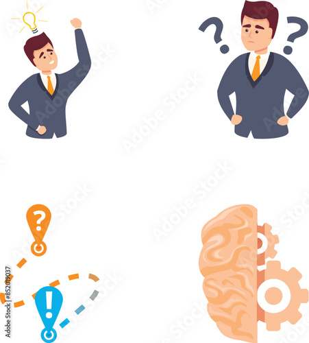 Brainstorm icons set cartoon vector. Businessman thinking and solving problem. Project development