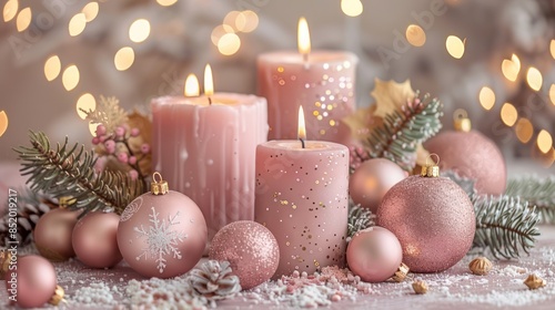 Pastel Pink & Gold Christmas Background with Seasonal Decorations & Candles - Premium Quality