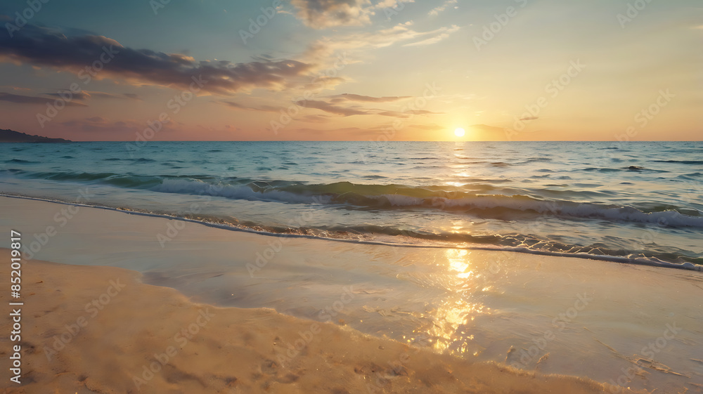 Summer background image of tropical beach with blurred horizon at sunset. Light sand of beach against backdrop of sparkling ocean water. Natural seascape. Summer background image of tropical beach with blurred horizon at sunset. Light sand of beach against backdrop of sparkling ocean water. Natural seascape.