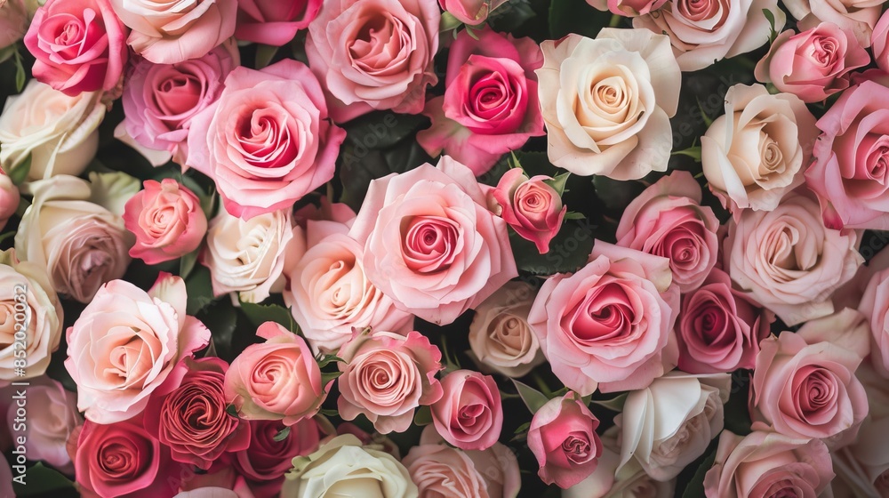 Top view of diverse pink roses, realistic romantic texture in a beautifully captured photo Top view of diverse pink roses, realistic romantic texture in a beautifully captured photo