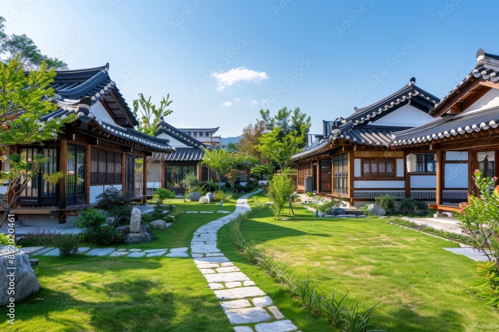 The exterior of the Hanok-inspired resort is set against lush green lawns The exterior of the Hanok-inspired resort is set against lush green lawns