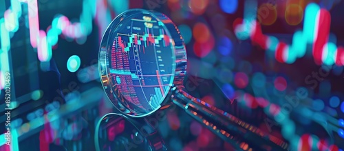 A magnifying glass over an abstract digital stock market graph, with bokeh lights in the background. photo
