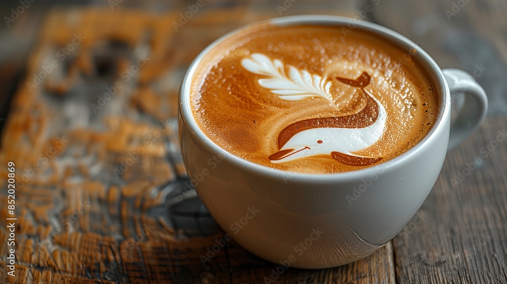 Intricate Dolphin Latte Art on Rustic Wooden Table Intricate Dolphin Latte Art on Rustic Wooden Table