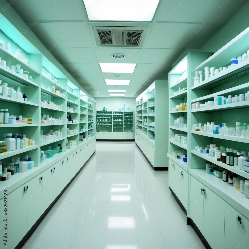 Fototapeta premium An empty pharmaceutical store with shelf containing medicines 