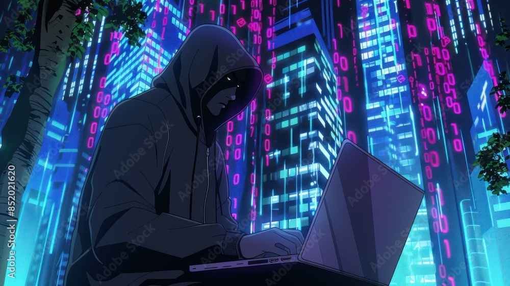 A hacker in a black sweatshirt sits among high-rise buildings. The background is filled with binary code. A hacker in a black sweatshirt sits among high-rise buildings. The background is filled with binary code.