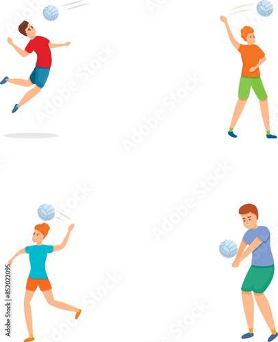 Volleyball game icons set cartoon vector. People playing volleyball together. Team sport game