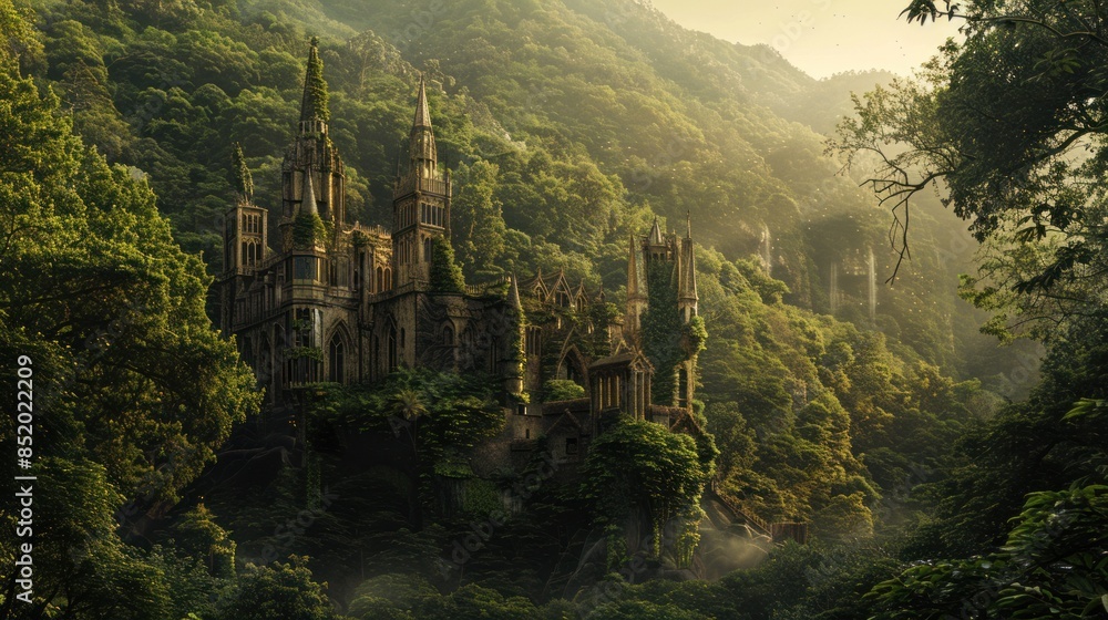 Obraz premium A castle is seen in the middle of a dense forest, with ivy and moss growing on it. The sky is bright and the sun is shining.