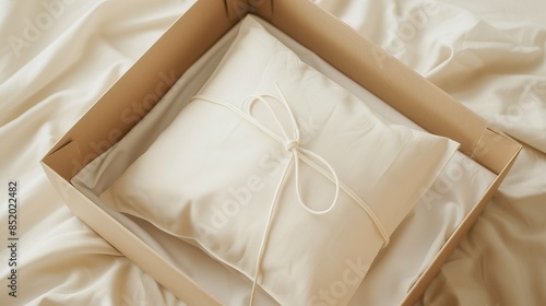 Elegant white pillow in a box, wrapped with a string, resting on a smooth silk sheet. Perfect for home decor or gift presentation.