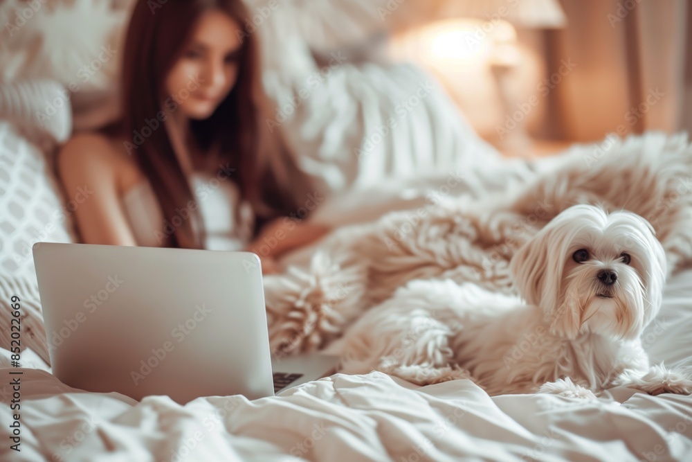 A woman works on her laptop in bed, with her dog lying on the bed beside her A woman works on her laptop in bed, with her dog lying on the bed beside her