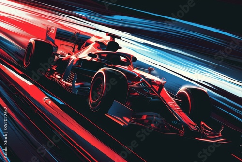 A Blur Of Speed: A Formula One Race Car Streaking Across The Track In A Glowing Red And Blue Trail
