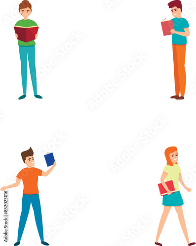 Bookcrossing concept icons set cartoon vector. Man and woman character read book. Education, literature and knowledge