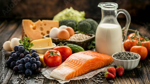 Selection of healthy foods and proteins - salmon, cheese, eggs, seeds, fruits and vegetables