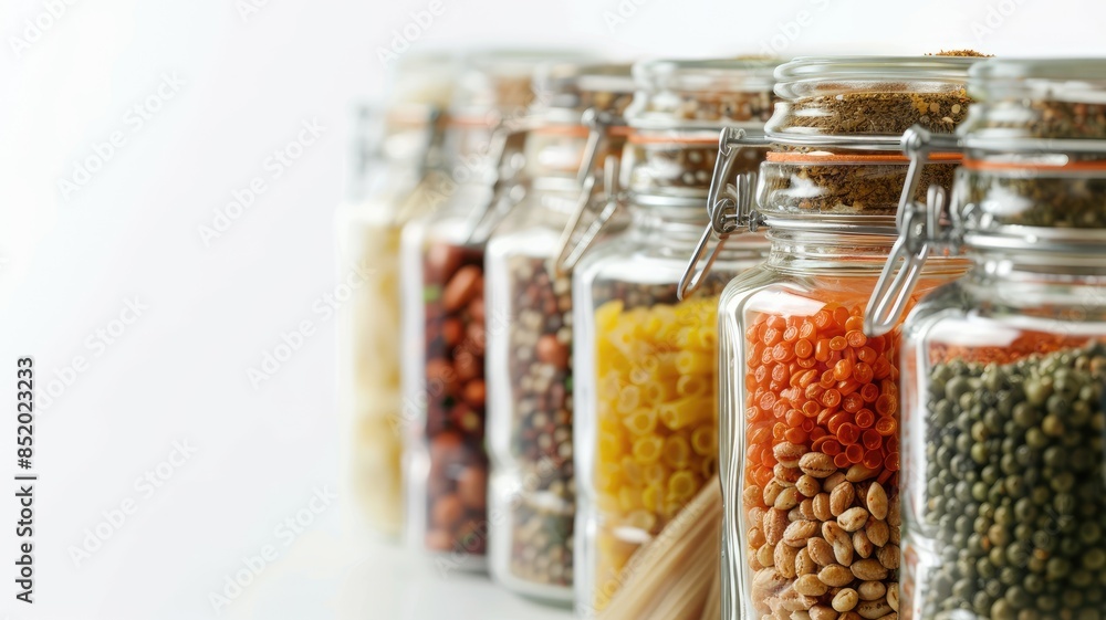 Assorted grains and lentils in glass jars on shelf Assorted grains and lentils in glass jars on shelf
