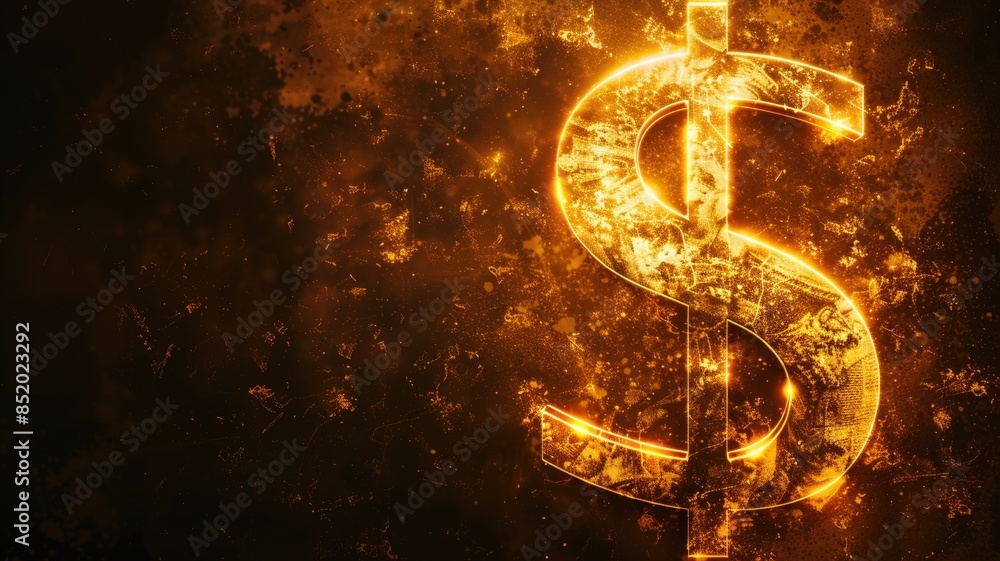 Glowing golden dollar sign on dark background with sparks Glowing golden dollar sign on dark background with sparks