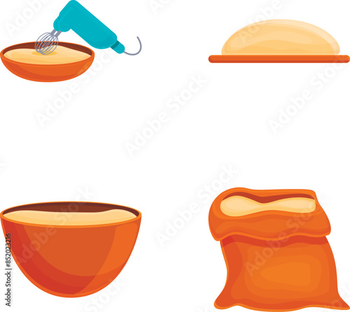 Making bread icons set cartoon vector. Kneading and rolling out dough process. Pastries, bakery, cooking