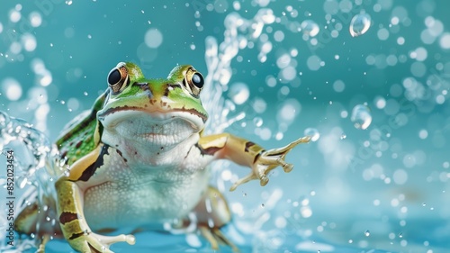 Green and brown frog splashes water in vivid blue pond © Татьяна Макарова