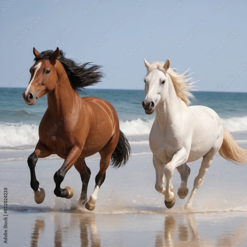 two horses running on the beach two horses running on the beach