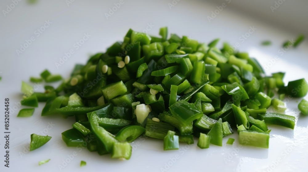 Chopped green chili peppers on a white surface Chopped green chili peppers on a white surface
