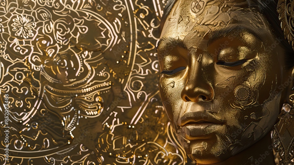 Gold statue of a woman with a mandala background. Glamour and beauty woman portrait gold. High quality AI generated image Gold statue of a woman with a mandala background. Glamour and beauty woman portrait gold. High quality AI generated image