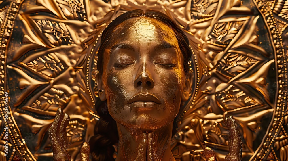 Obraz premium Gold statue of a woman with a mandala background. Glamour and beauty woman portrait gold. High quality AI generated image