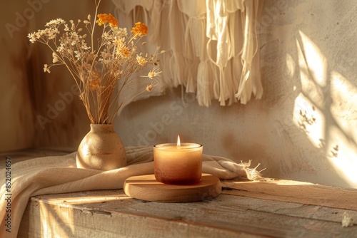 Golden Hour Glow: A Scented Candle and Dried Flowers On A Rustic Table