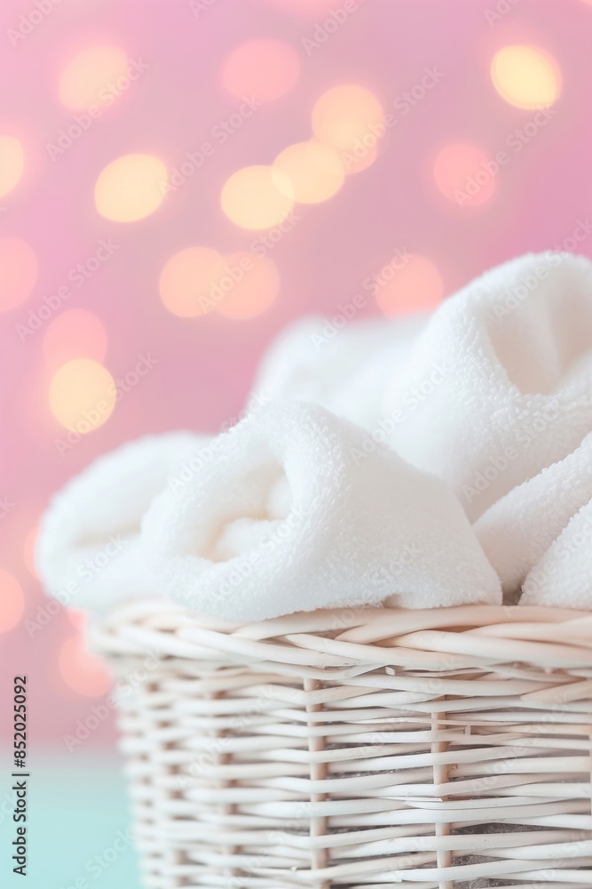 White towels rolled in a wicker basket against a pink bokeh background. Spring cleaning concept, banner with copy space for cleaning service. White towels rolled in a wicker basket against a pink bokeh background. Spring cleaning concept, banner with copy space for cleaning service.