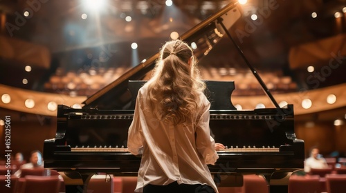 Woman playing the piano in front of an audience at a concert hall. Generative AI photo